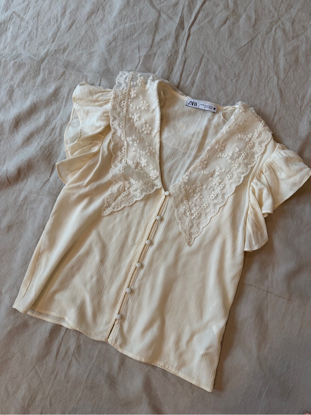 Zara Cream Lace Collar Button-Front Blouse - Picture 6 of 12